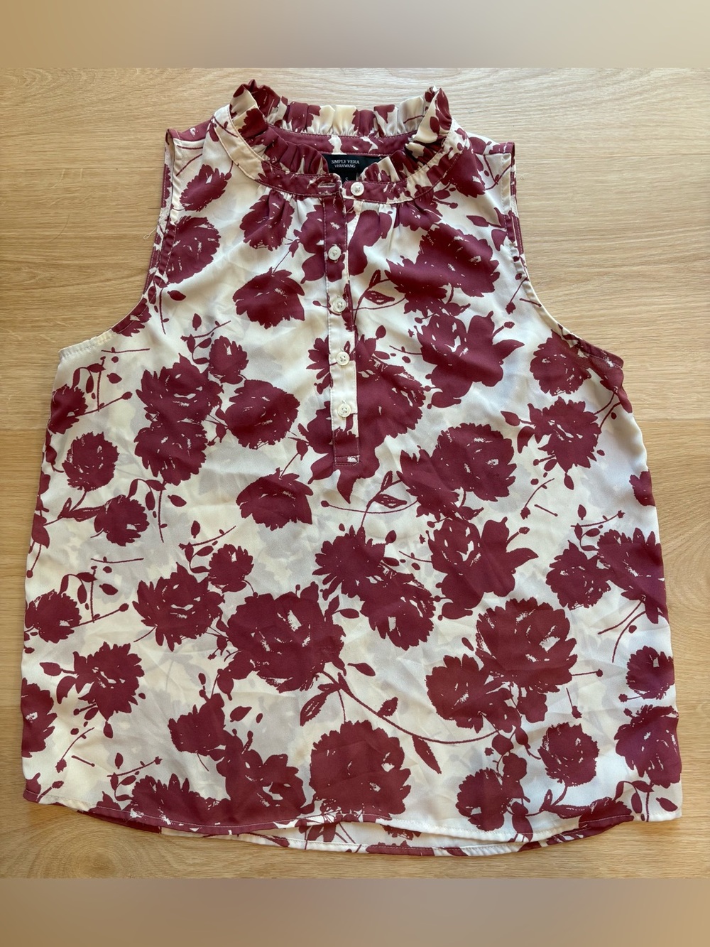 Simply Vera Vera Wang Cream Cami with Burgundy Floral Print and Ruffle Neck